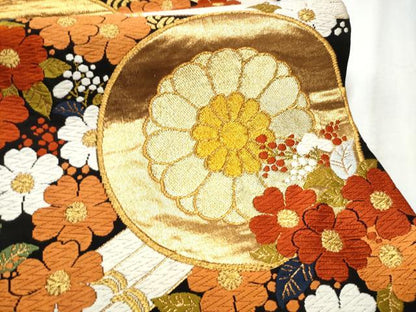 平和屋着物●西陣　河合美術織物謹製　六通柄袋帯　唐織　花筏文　黒地　金糸　正絹　逸品　CABD5770hy