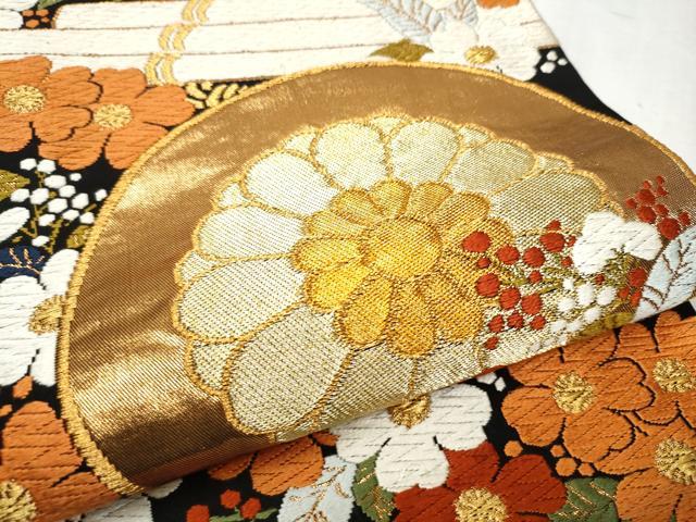 平和屋着物●西陣　河合美術織物謹製　六通柄袋帯　唐織　花筏文　黒地　金糸　正絹　逸品　CABD5770hy