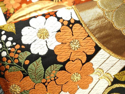 平和屋着物●西陣　河合美術織物謹製　六通柄袋帯　唐織　花筏文　黒地　金糸　正絹　逸品　CABD5770hy