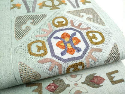 平和屋着物●中国三大刺繍　スワトウ相良刺繍　総刺繍　全通柄袋帯　紬地　幾何学花文　正絹　逸品　CABD5775hy
