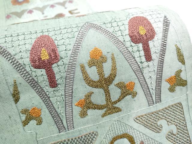 平和屋着物●中国三大刺繍　スワトウ相良刺繍　総刺繍　全通柄袋帯　紬地　幾何学花文　正絹　逸品　CABD5775hy