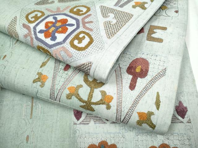 平和屋着物●中国三大刺繍　スワトウ相良刺繍　総刺繍　全通柄袋帯　紬地　幾何学花文　正絹　逸品　CABD5775hy