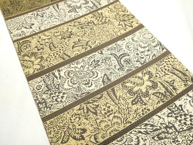 平和屋着物●両面　全通柄袋帯　横段更紗花文　金糸　正絹　逸品　CABD5782hy
