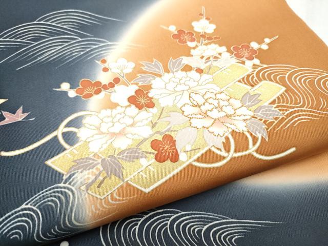 平和屋着物●塩瀬　太鼓柄袋帯　駒刺繍　花筏文　金彩　正絹　逸品　CABD5801hy