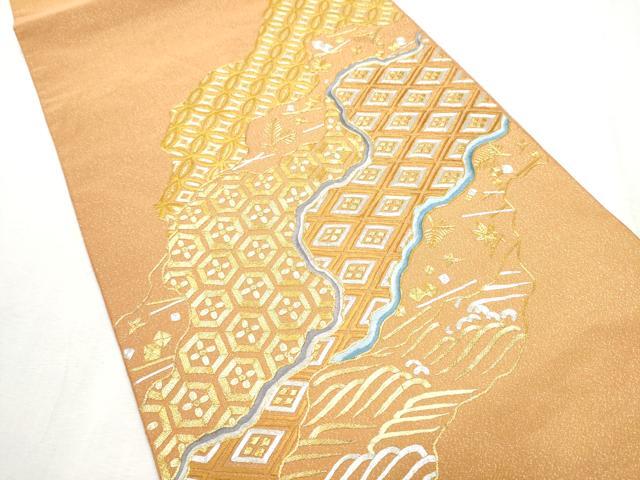 平和屋着物●西陣　川島織物　爪掻き本綴れ　太鼓柄袋帯　駒刺繍　総刺繍　流水吉祥文　金糸　正絹　逸品　CABD5804hy