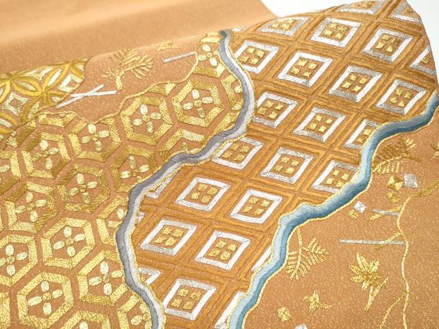 平和屋着物●西陣　川島織物　爪掻き本綴れ　太鼓柄袋帯　駒刺繍　総刺繍　流水吉祥文　金糸　正絹　逸品　CABD5804hy