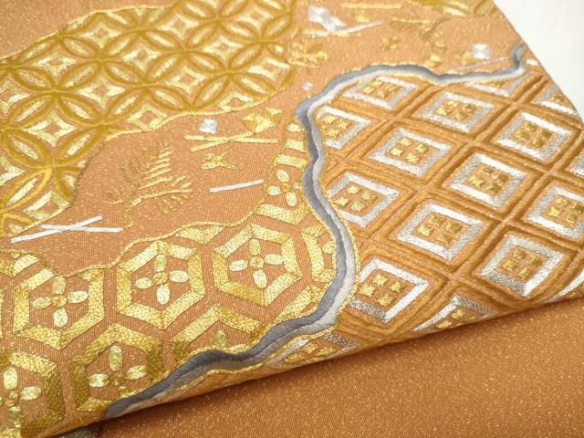 平和屋着物●西陣　川島織物　爪掻き本綴れ　太鼓柄袋帯　駒刺繍　総刺繍　流水吉祥文　金糸　正絹　逸品　CABD5804hy