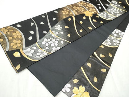 平和屋着物●六通柄袋帯　黄金繭　舞桜文　黒地　金銀糸　正絹　24ｋ　逸品　CABD5820hy