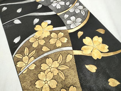 平和屋着物●六通柄袋帯　黄金繭　舞桜文　黒地　金銀糸　正絹　24ｋ　逸品　CABD5820hy