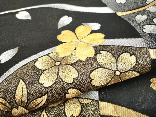 平和屋着物●六通柄袋帯　黄金繭　舞桜文　黒地　金銀糸　正絹　24ｋ　逸品　CABD5820hy