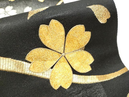 平和屋着物●六通柄袋帯　黄金繭　舞桜文　黒地　金銀糸　正絹　24ｋ　逸品　CABD5820hy