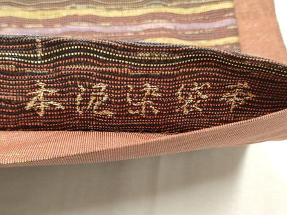 平和屋着物●六通柄袋帯　本泥染　よろけ縞　金糸　正絹　逸品　CABD5825hy