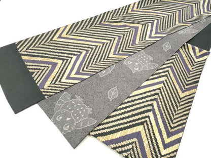 平和屋着物●両面　六通柄袋帯　斜線文　フクロウ　正絹　逸品　CABD5828hy