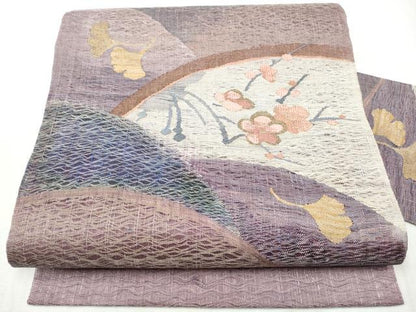 平和屋着物▽九寸名古屋帯　スリーシーズン　春夏秋　櫛織　枝花文　金糸　正絹　逸品　CABD5835hy