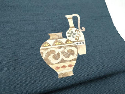 平和屋着物●蓑虫工芸作家　田尾笛秋　八寸名古屋帯　蓑虫　陶器花文　金彩　正絹　逸品　CABD5842hy