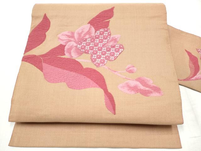 平和屋着物●八寸名古屋帯　ドロンワーク　草花文　正絹　逸品　CABD5845hy