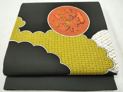 平和屋着物●塩瀬　九寸名古屋帯　雲鳥草花丸文　黒地　正絹　逸品　CABD5846hy