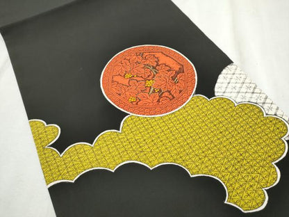 平和屋着物●塩瀬　九寸名古屋帯　雲鳥草花丸文　黒地　正絹　逸品　CABD5846hy