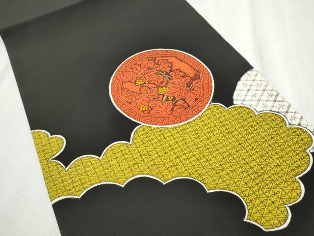 平和屋着物●塩瀬　九寸名古屋帯　雲鳥草花丸文　黒地　正絹　逸品　CABD5846hy