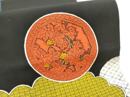 平和屋着物●塩瀬　九寸名古屋帯　雲鳥草花丸文　黒地　正絹　逸品　CABD5846hy