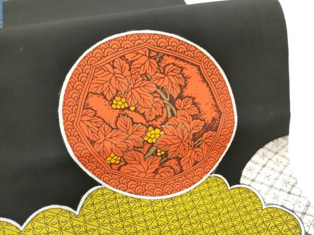 平和屋着物●塩瀬　九寸名古屋帯　雲鳥草花丸文　黒地　正絹　逸品　CABD5846hy