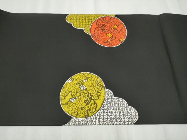 平和屋着物●塩瀬　九寸名古屋帯　雲鳥草花丸文　黒地　正絹　逸品　CABD5846hy