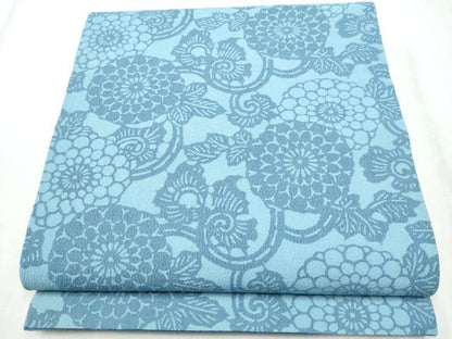 平和屋着物●九寸開き名古屋帯　藍　型染め　菊唐草文　正絹　逸品　CABD5847hy