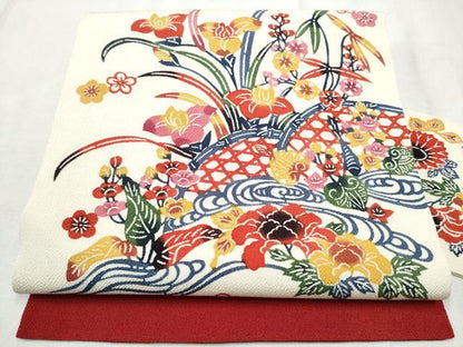 平和屋着物●九寸名古屋帯　紅型　流水草花文　正絹　逸品　CABD5858hy