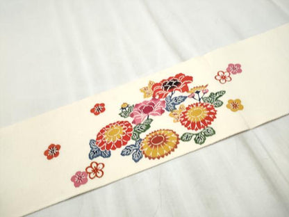 平和屋着物●九寸名古屋帯　紅型　流水草花文　正絹　逸品　CABD5858hy