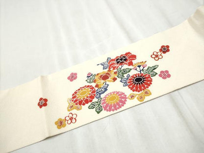 平和屋着物●九寸名古屋帯　紅型　流水草花文　正絹　逸品　CABD5858hy