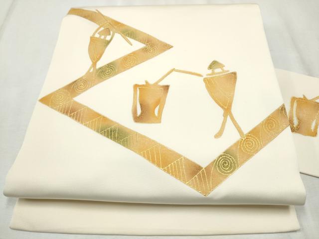 平和屋着物●塩瀬　九寸名古屋帯　餅つき　金彩　正絹　逸品　CABD5859hy