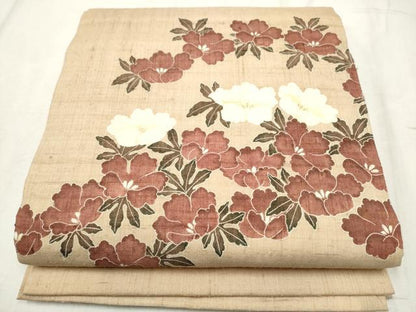 平和屋着物●九寸開き名古屋帯　生紬　型染め　舞花文　金彩　正絹　逸品　CABD5863hy