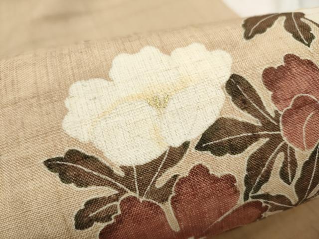平和屋着物●九寸開き名古屋帯　生紬　型染め　舞花文　金彩　正絹　逸品　CABD5863hy