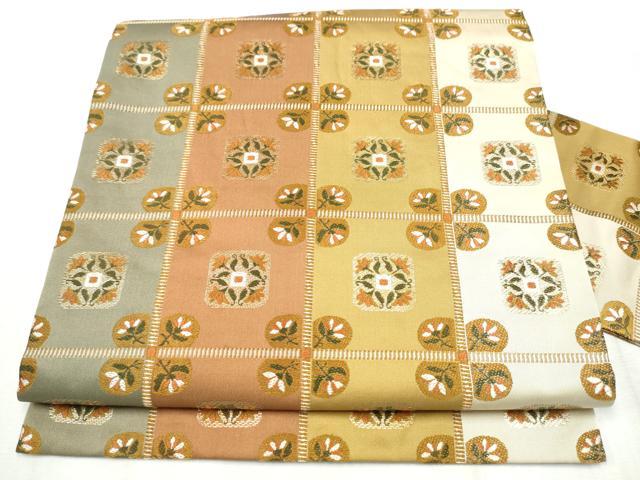 平和屋着物●九寸名古屋帯　竹屋町刺繍　格子花文　金糸　正絹　逸品　CABD5868hy