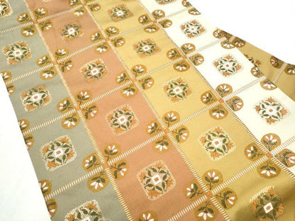 平和屋着物●九寸名古屋帯　竹屋町刺繍　格子花文　金糸　正絹　逸品　CABD5868hy