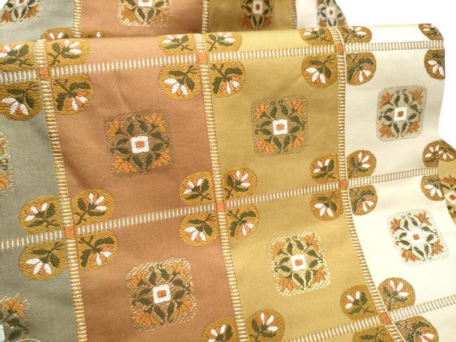 平和屋着物●九寸名古屋帯　竹屋町刺繍　格子花文　金糸　正絹　逸品　CABD5868hy