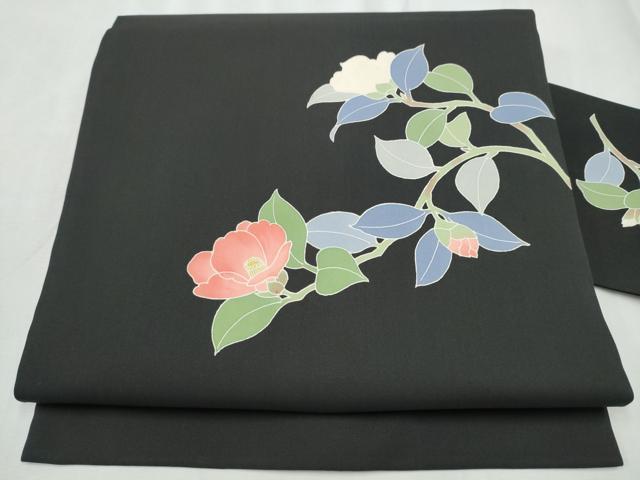 平和屋着物●塩瀬　九寸名古屋帯　友禅　作家物　枝椿　黒地　正絹　逸品　CABD5869hy