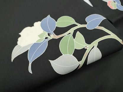 平和屋着物●塩瀬　九寸名古屋帯　友禅　作家物　枝椿　黒地　正絹　逸品　CABD5869hy