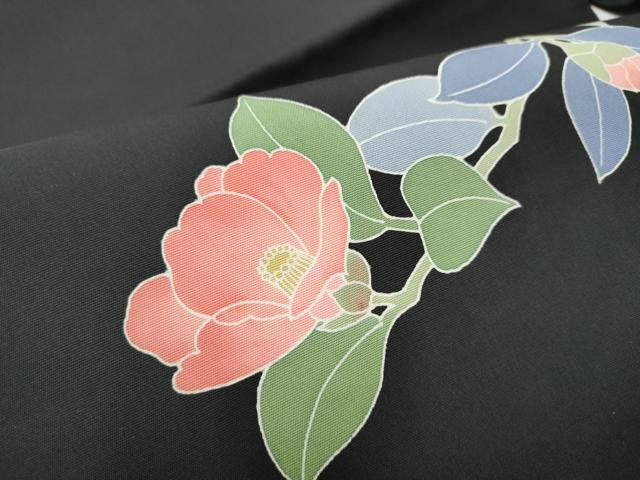 平和屋着物●塩瀬　九寸名古屋帯　友禅　作家物　枝椿　黒地　正絹　逸品　CABD5869hy