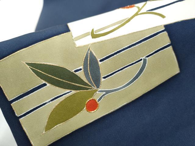 平和屋着物●塩瀬　九寸名古屋帯　駒刺繍　色紙枝葉文　金彩　正絹　逸品　CABD5871hy