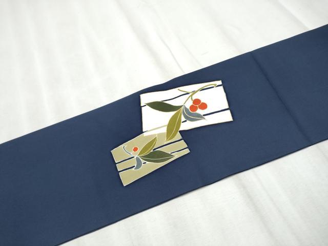 平和屋着物●塩瀬　九寸名古屋帯　駒刺繍　色紙枝葉文　金彩　正絹　逸品　CABD5871hy