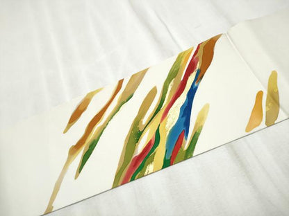 平和屋着物●塩瀬　九寸名古屋帯　霞文　金彩　正絹　逸品　CABD5872hy