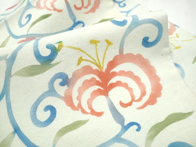 平和屋着物●全通柄　九寸名古屋帯　紬地　型染め　花唐草文　正絹　逸品　CABD5874hy
