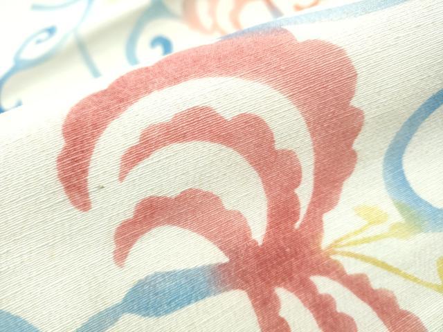 平和屋着物●全通柄　九寸名古屋帯　紬地　型染め　花唐草文　正絹　逸品　CABD5874hy