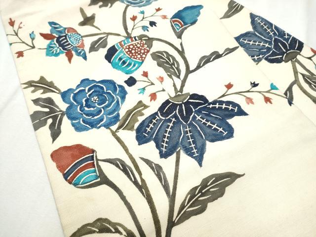 平和屋着物●九寸名古屋帯　作家物　紅型　紬地　枝花文　正絹　逸品　CABD5875hy