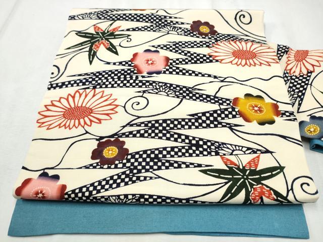 平和屋着物●九寸名古屋帯　紅型　紬地　草花文　正絹　逸品　CABD5876hy