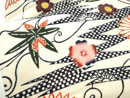 平和屋着物●九寸名古屋帯　紅型　紬地　草花文　正絹　逸品　CABD5876hy