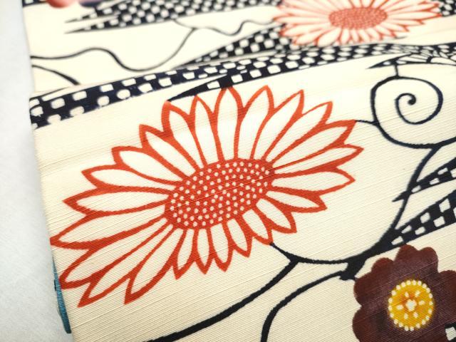 平和屋着物●九寸名古屋帯　紅型　紬地　草花文　正絹　逸品　CABD5876hy