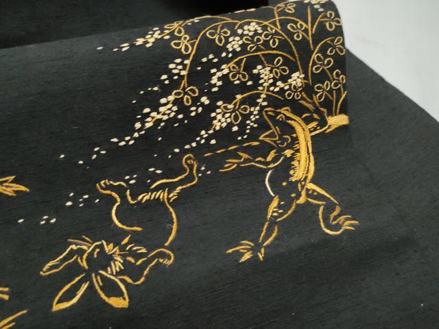 平和屋着物●九寸名古屋帯　紬地　総刺繍　鳥獣戯画　黒地　正絹　逸品　CABD5877hy