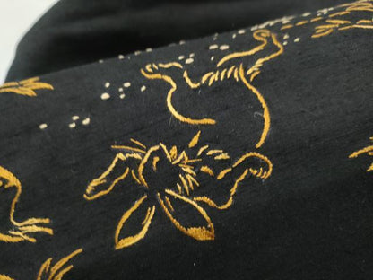 平和屋着物●九寸名古屋帯　紬地　総刺繍　鳥獣戯画　黒地　正絹　逸品　CABD5877hy